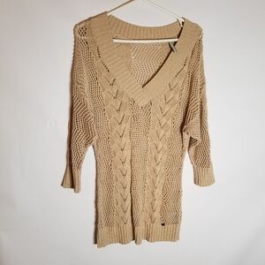 Guess Tunic Sweater Women's Medium V Neck Dolman Sleeves Beige Loose Knit